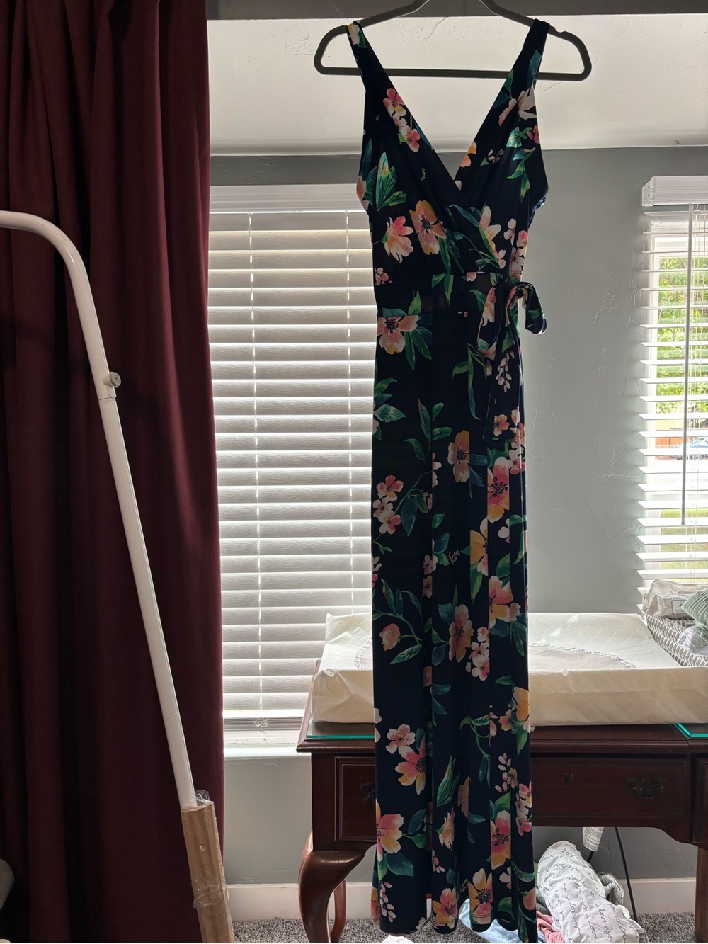 Market & Spruce Navy Floral Wrap Maxi with Pink and Green Blooms